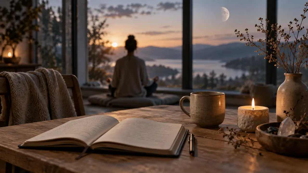 Personne en méditation dans un paysage calme à l'aube