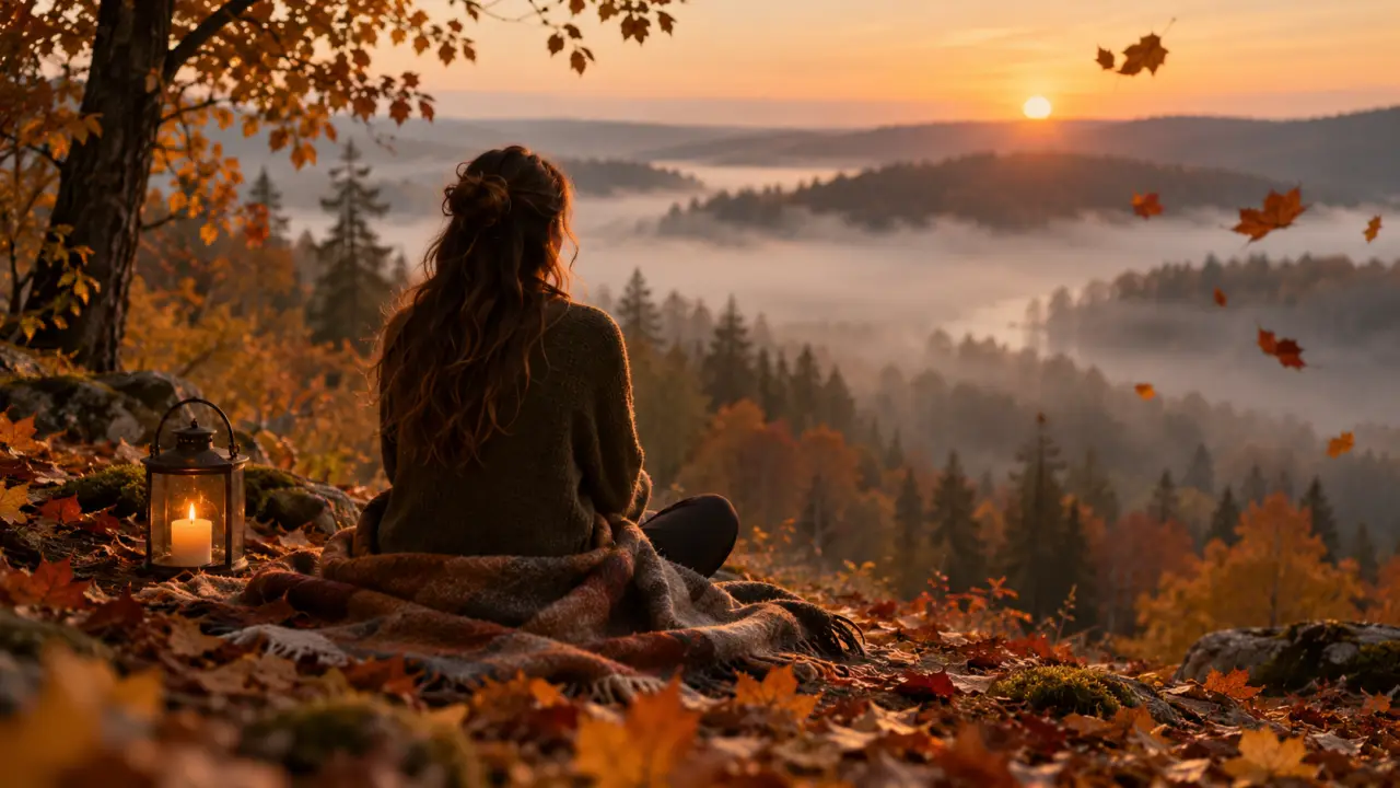 Paysage automnal paisible avec des feuilles dorées et une personne en méditation