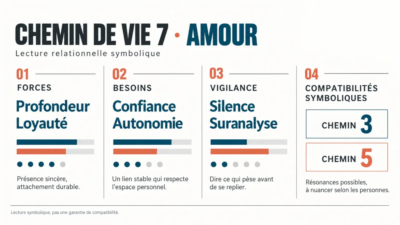 Chemin de vie 7 en amour : forces, besoins, difficultés et compatibilités symboliques avec les chemins 3 et 5