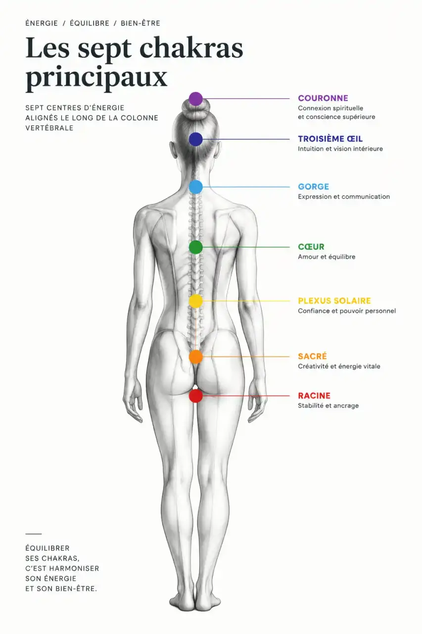 Schéma des sept chakras et de leur localisation, utile pour choisir un livre sur les chakras