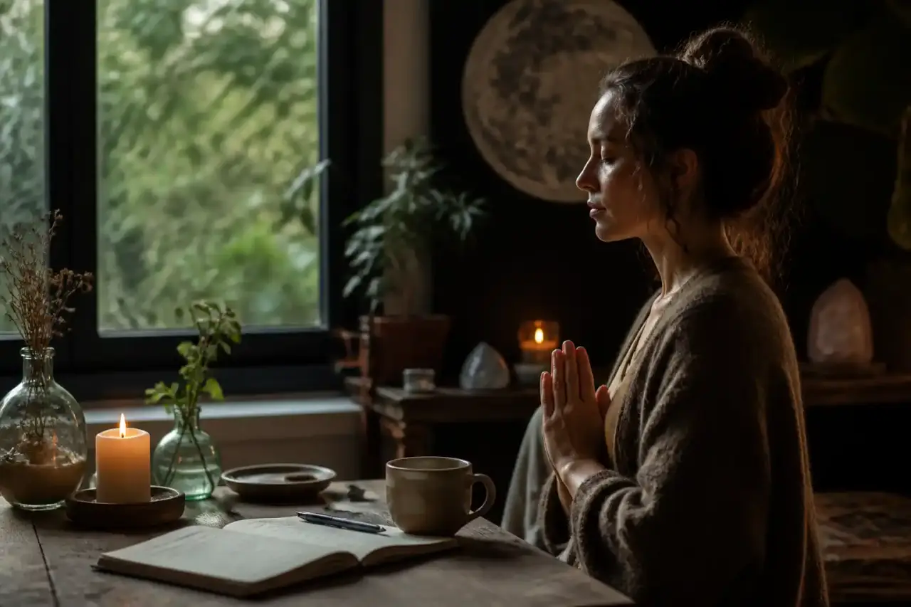 Méditation au lever du soleil dans un paysage brumeux et serein