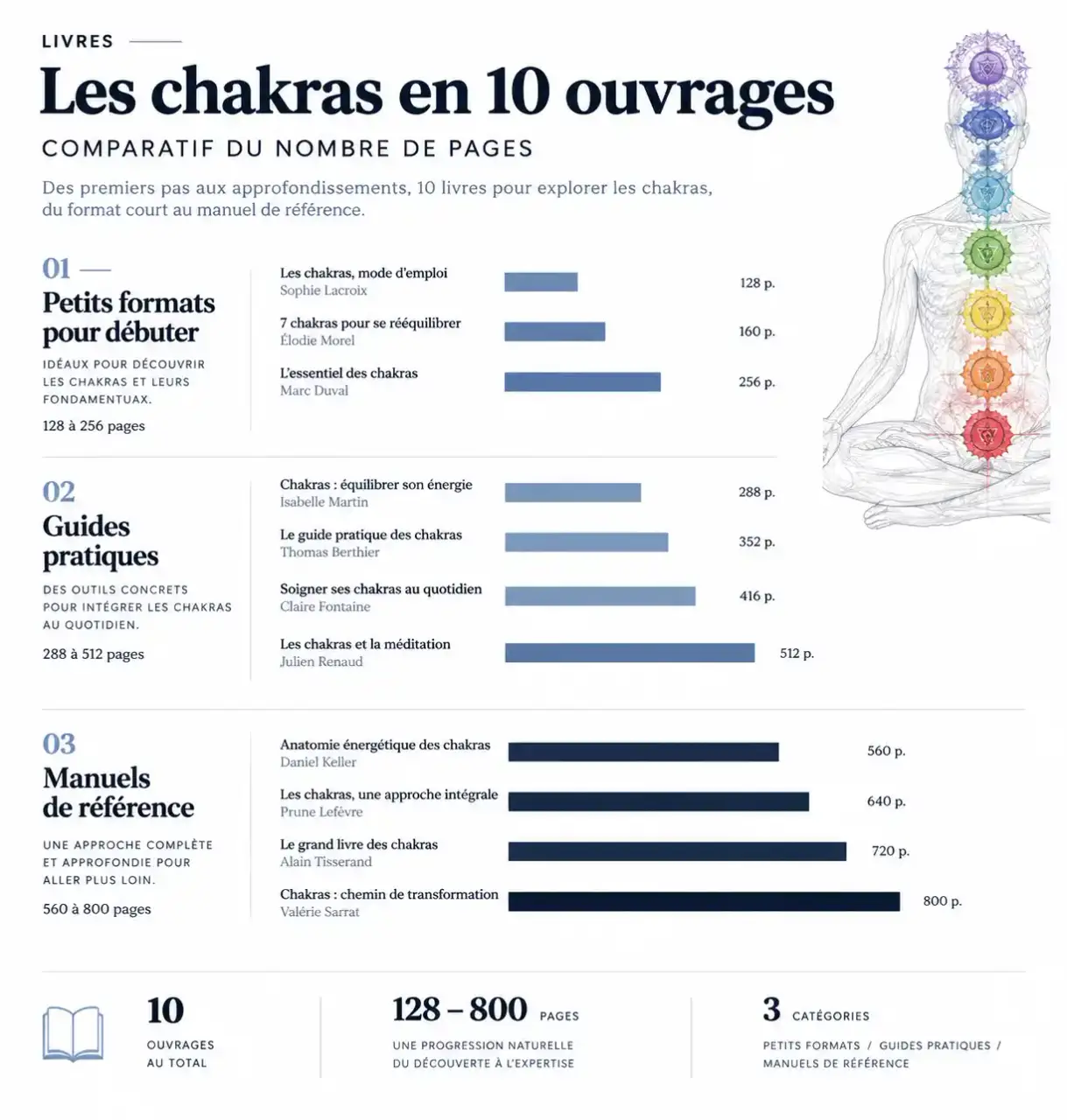 Comparatif du volume des ouvrages pour choisir un livre sur les chakras, du petit guide au grand manuel