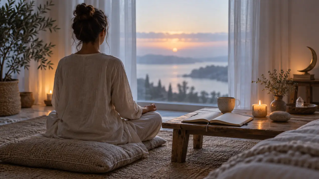 Personne méditant au lever du jour dans une atmosphère paisible