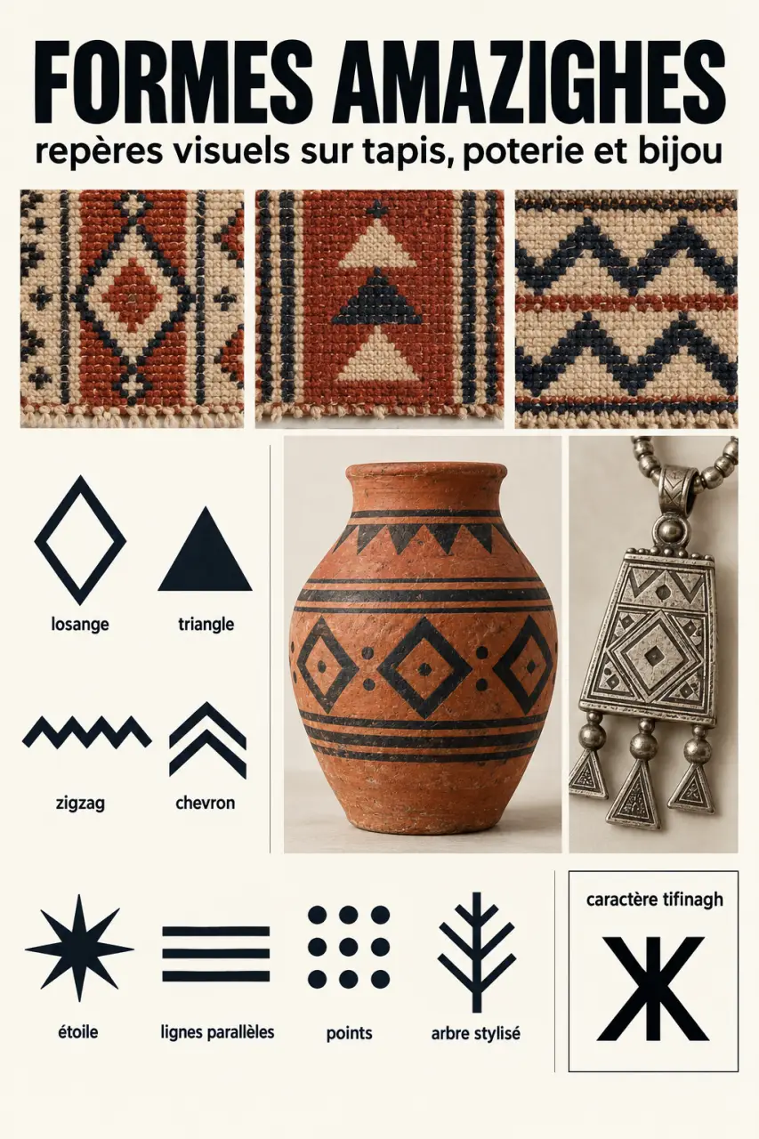 Glossaire visuel des symboles berbères et amazighs : losange, zigzag, yaz et motifs de tapis