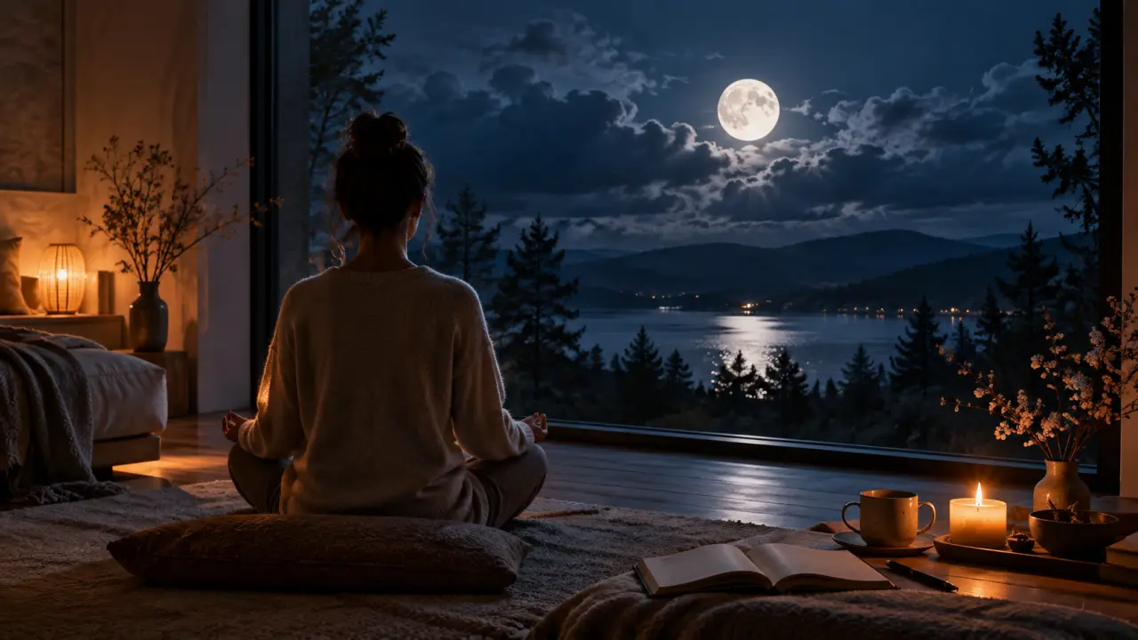 Personne méditant sous une lumière douce face à un paysage nocturne et lunaire