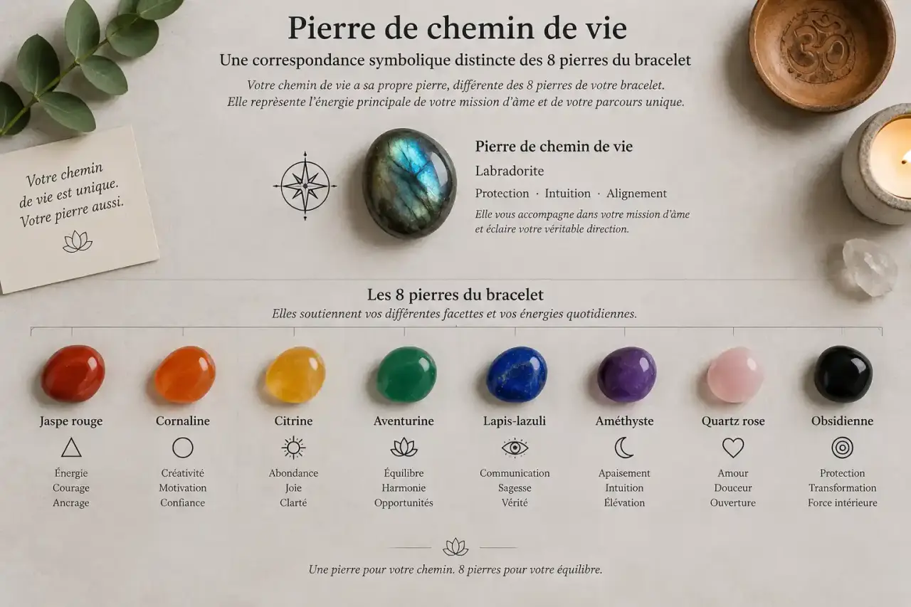 Pierre de chemin de vie : une correspondance symbolique distincte des 8 pierres du bracelet