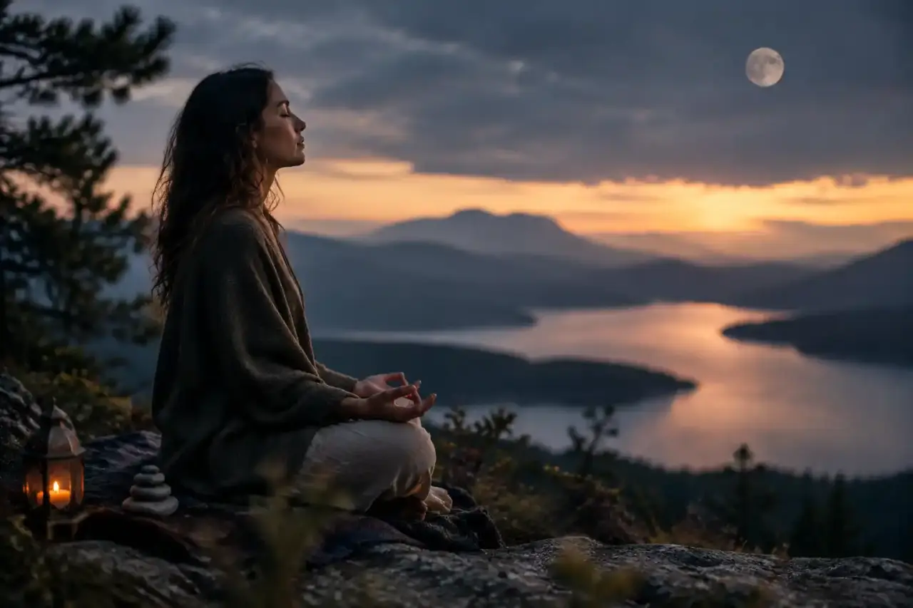 Personne méditant dans un paysage calme et lumineux