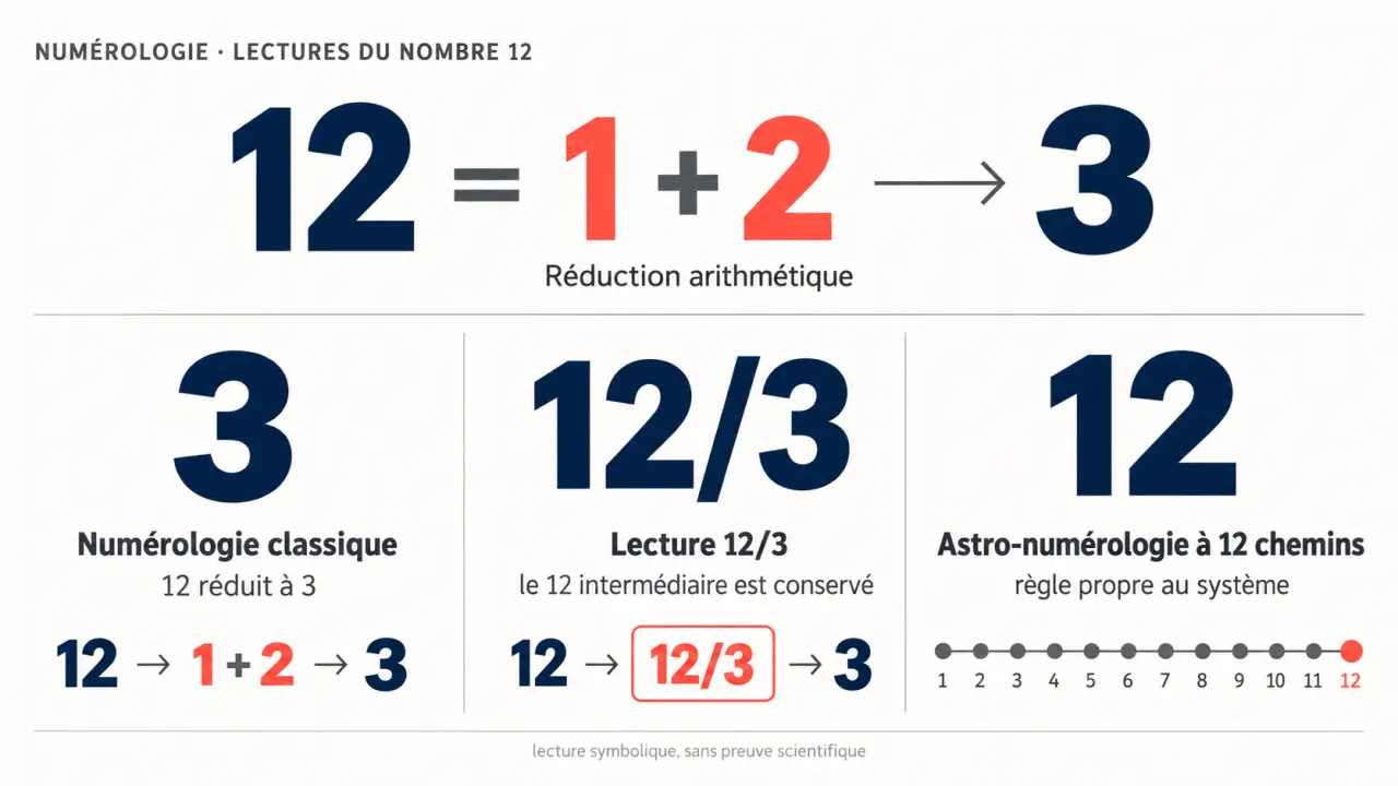 Infographie du chemin de vie 12 montrant la réduction 12/3 vers 3 et les différentes méthodes de numérologie