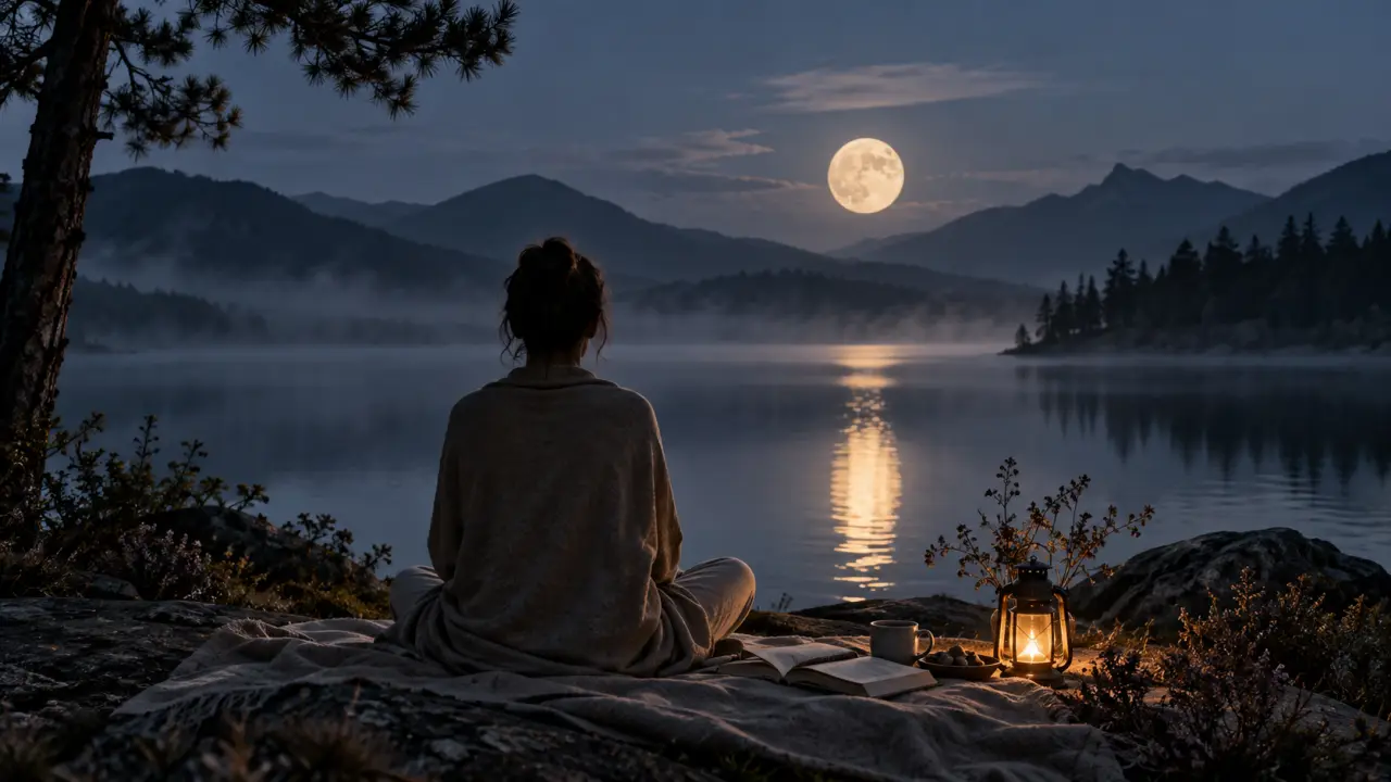 Personne en méditation sous la lumière douce de la lune