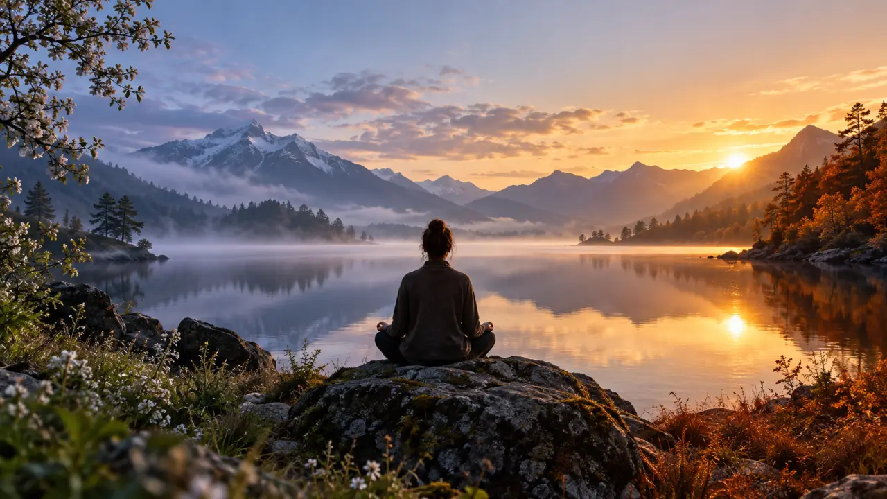 Personne en méditation au bord d'un lac à l'aube, dans une lumière dorée